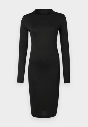 Langärmeliges schwarzes Kleid mit hohem Ausschnitt, glatter Textur, figurbetonter Passform und knielangem Saum. Hergestellt aus einem dehnbaren Stoff mit leichtem Glanz.