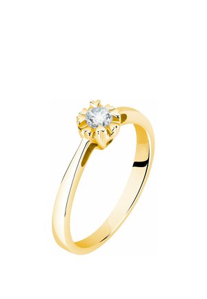 Goldener Ring mit einem einzelnen runden Diamanten, der in einer floralen sechszackigen Fassung auf einem polierten, glatten Band gefasst ist.