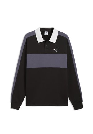Polo à manches longues noir et gris avec col blanc, bande horizontale grise sur la poitrine et logo Puma sur le côté gauche de la poitrine.