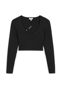 Crop top long à manches longues noir côtelé avec un col rond et un dos croisé. Présente un détail subtil "LOVE" sur la sangle.
