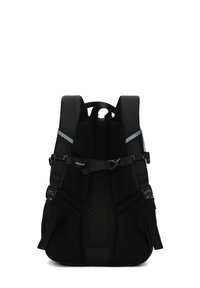 Sac à dos noir avec des bretelles rembourrées, un panneau arrière en mesh, des boucles ajustables et des accents réfléchissants. Dispose de trous de ventilation pour la respirabilité.