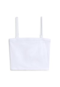 Top corto blanco con relieve, tirantes finos ajustables y escote recto. La textura de la tela parece suave y ligeramente elástica.