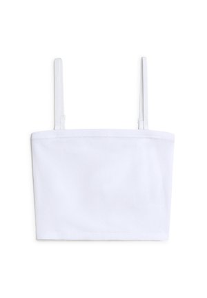 Crop top bianco a costine con sottili spalline regolabili e scollatura dritta. La texture del tessuto appare morbida e leggermente elasticizzata.