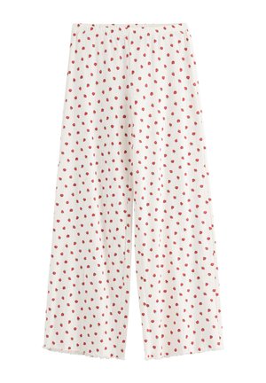 Hvite bukser med vide ben og elastisk midje, med et lite rødt rosemønster over hele stoffet.