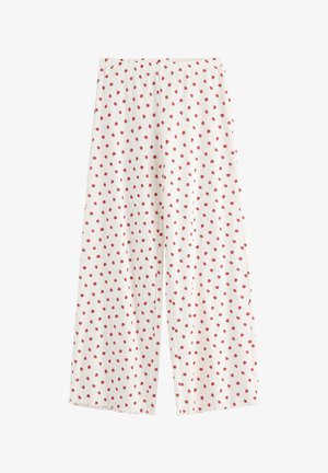 Λευκό παντελόνι με φαρδιά μπατζάκια και ελαστική μέση, με μικρό κόκκινο μοτίβο τριαντάφυλλου σε όλο το ύφασμα.