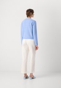 Hellblauer, flauschiger Pullover mit langen Ärmeln und geripptem Saum, kombiniert mit off-white, weit geschnittenen Hosen und hellblauen, hochhackigen Mules.