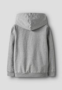 Sudadera gris con capucha, que presenta una tela suave y texturizada, puños acanalados y una banda ancha en la cintura. La vista trasera destaca la simplicidad y la comodidad.