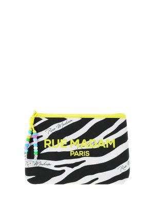 Bustina a righe zebrate in bianco e nero con cerniera gialla e testo "RUE MADAM PARIS", con tiretto della cerniera decorato con perline colorate.