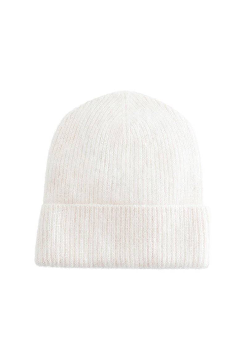 Ribbed knit beanie in soft white with subtle pink flecks, featuring a rolled cuff and a textured finish for warmth and style.