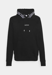 Felpa nera in cotone con coulisse regolabile, tasca frontale e banda con logo sul cappuccio. Presenta polsini e orlo a costine.