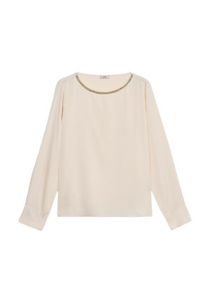 Cremefarbige Bluse mit langen Ärmeln und rundem Halsauschnitt, die mit einem zarten metallischen Kettendetail verziert ist. Schlichtes, elegantes Design mit gepufften Ärmeln.