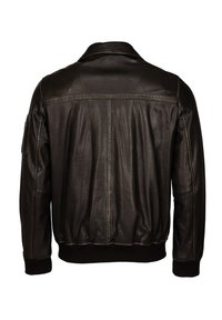 Dunkelbraune Lederjacke, von hinten gezeigt, mit gerippten Bündchen und Saum, Nahtdetails und einer Tasche am linken Ärmel.