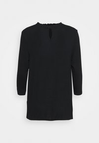 Černý svetr s kulatým výstřihem, 3/4 rukávy a detaily ve tvaru klíčové dírky na zadní straně; strukturovaná tkanina s hladkým povrchem.