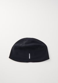 Schwarze sportliche Mütze aus glattem, dehnbarem Material. Verfügt über flache Nähte und ein reflektierendes Logo auf der Vorderseite. Abgerundete Form.