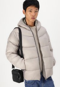 Lichtgrijze pufferjas met een capuchon, met een gewatteerd ontwerp, rits aan de voorkant en gecombineerd met een zwarte crossbodytas. Model draagt een beige shirt.