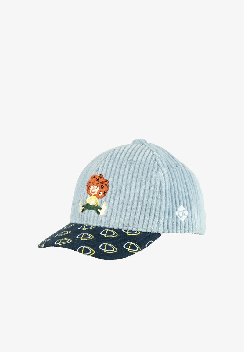 Light blue corduroy cap with cartoon boy patch on front and navy brim decorated with yellow and white circular patterns.