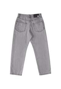Šedé džíny se střední nohavicí, s logem na pase, dvěma zadními kapsami a jednoduchým lemem.
