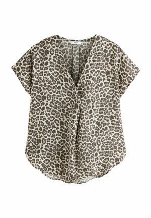 Blouse à manches courtes avec motif léopard marron et beige et col en V.
