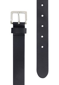 Cinturón de cuero negro con una hebilla de metal plateado, que presenta una textura suave y múltiples agujeros para el ajuste a lo largo de la correa.