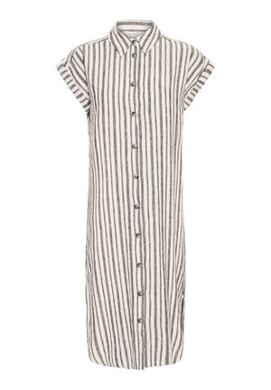 Vestido de camisa a rayas en blanco y gris oscuro, hecho de una tela ligera, con botones en la parte delantera y mangas cortas con vuelta.