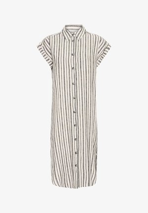 Vestido de camisa a rayas en blanco y gris oscuro, hecho de una tela ligera, con botones en la parte delantera y mangas cortas con vuelta.