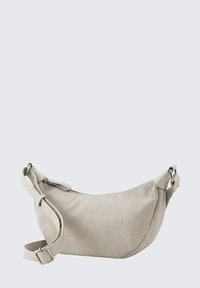 Beige Rippstoff Slingbag mit geschwungener Form, verstellbarem Tragegurt, Reißverschlussverschluss und glatten Ledermotiven. Abmessungen nicht angegeben.