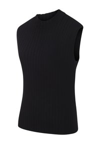 Zwarte mouwloze top met een hoge, geribbelde hals. Beschikt over een strakke, gestructureerde breipatronen die een getailleerd silhouet bieden.