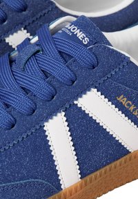 Blue suede sneakers with white side stripes and textured blue laces. Features a rubber sole and branded label in gold.