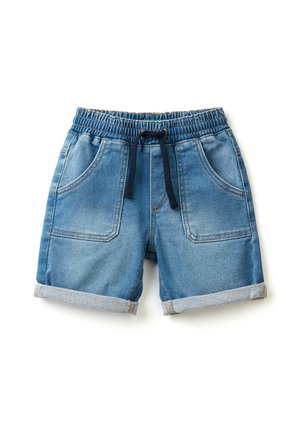 Blaue Denim-Kindshorts für Kleinkinder mit elastischem Bund, schwarzer Kordel, Fronttaschen und umgeschlagenen Bündchen.