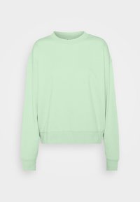 Sudadera recortada de color verde menta con mangas largas, cuello redondo y puños acanalados. Tejido suave, diseño casual, sin patrones ni acentos visibles.