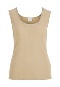 Beiges geripptes Tanktop mit Rundhalsausschnitt und silbernem Akzent entlang des Ausschnitts. Ärmelloses Design, weicher Stoff, der sich gut zum Schichten eignet.