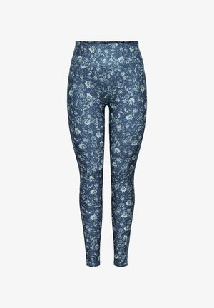 Leggings de cintura alta en azul con un patrón floral en tonos más claros. Hechas de tela elástica, con una textura suave y un ajuste ceñido.