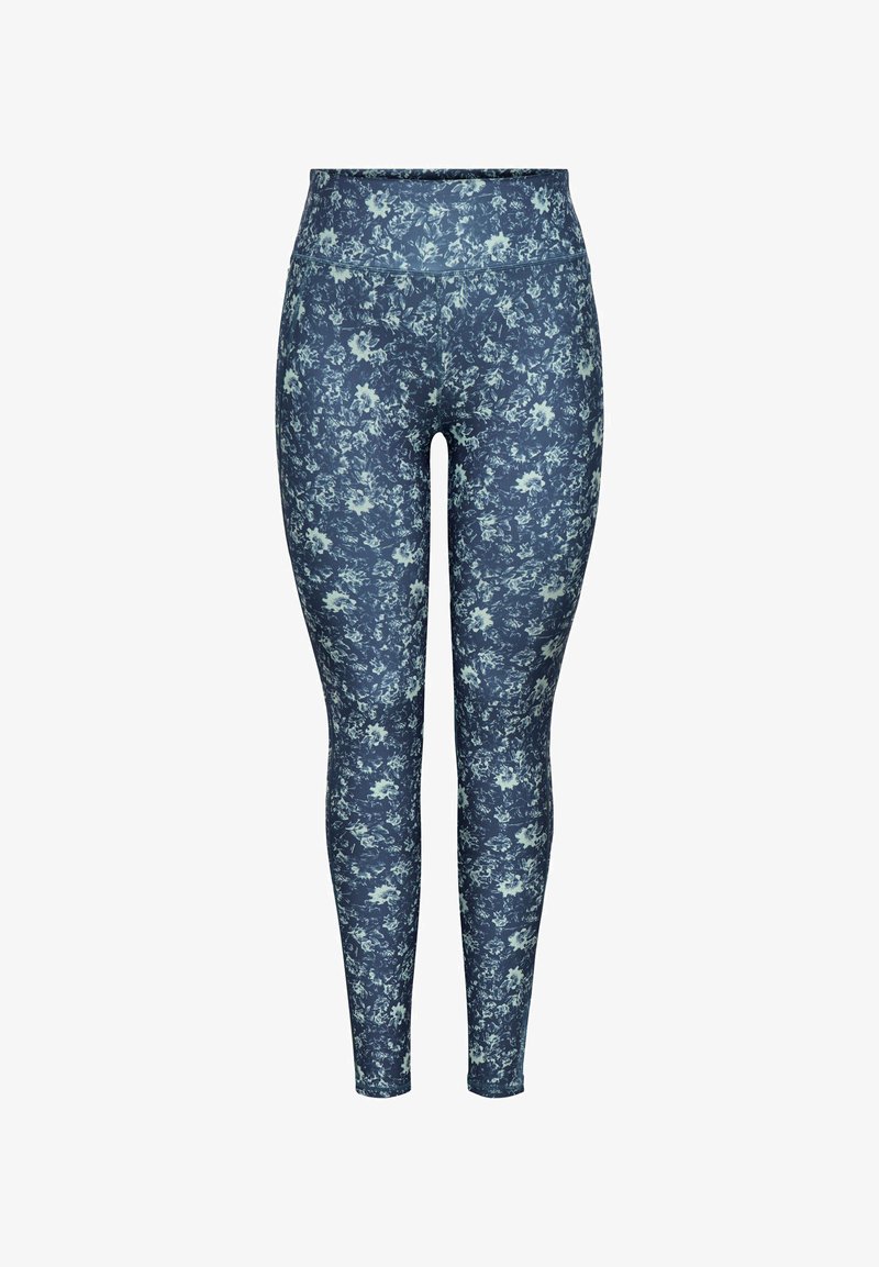 Κολάν με ψηλή μέση σε μπλε χρώμα με λουλουδάτο μοτίβο σε ανοιχτόχρωμες αποχρώσεις. Κατασκευασμένο από ελαστικό ύφασμα, με λεία υφή και εφαρμογή που αγκαλιάζει το σώμα.