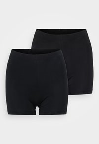 Two pairs of black cotton shorts with a smooth texture, featuring a simple, seamless waistband and a mid-thigh length design.