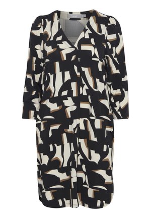 Abstracte patroon tuniekjurk in zwart, wit en bruin. Heeft een V-hals, driekwartmouwen en een ontspannen pasvorm. Zachte stoftextuur.