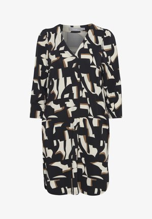 Abito tunica con motivo astratto in nero, bianco e marrone. Presenta una scollatura a V, maniche a tre quarti e una vestibilità comoda. Tessuto morbido.