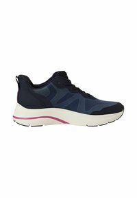 Scarpe sportive in mesh navy e nero con una tomaia testurizzata, suola intermedia bianca e striscia di accento rosa. Presentano una punta arrotondata e un design con lacci.