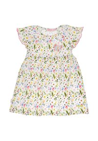 Blumenkleid mit weißem Hintergrund und bunten Blumen und Schmetterlingen. Kurze, flatternde Ärmel und taillierter Schnitt.