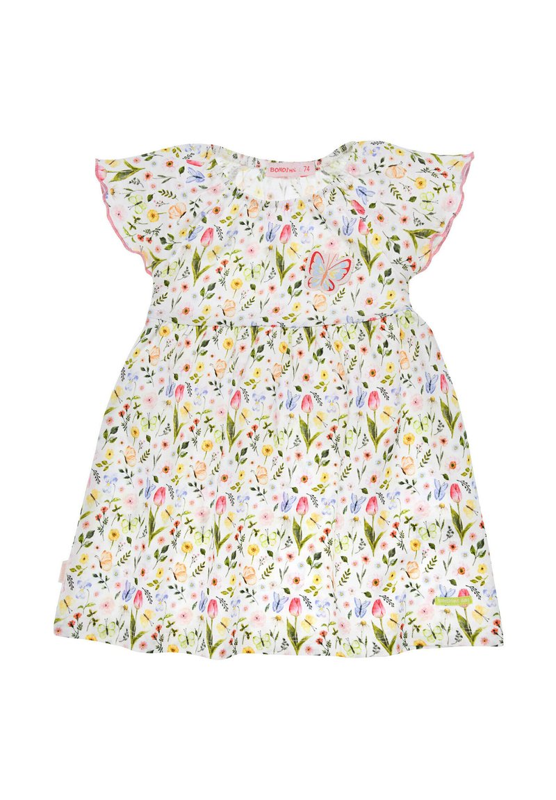 Blumenkleid mit weißem Hintergrund und bunten Blumen und Schmetterlingen. Kurze, flatternde Ärmel und taillierter Schnitt.