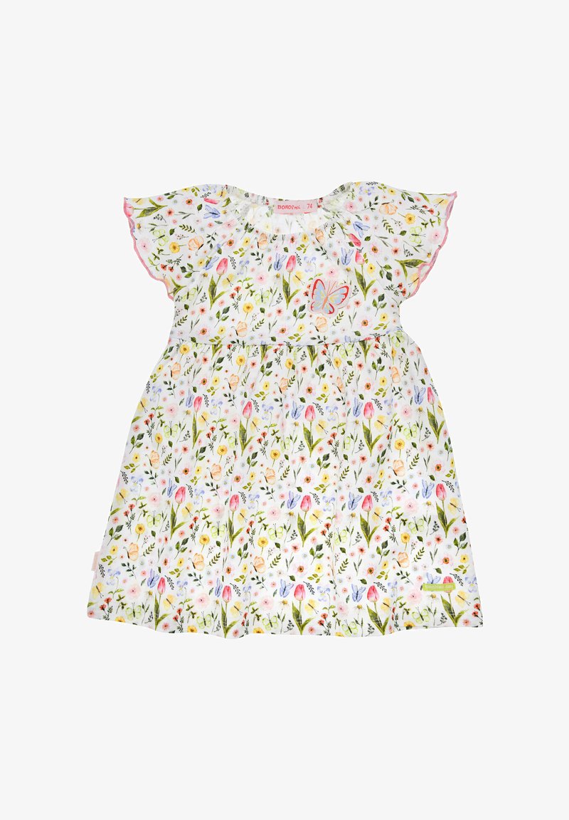 Blumenkleid mit weißem Hintergrund und bunten Blumen und Schmetterlingen. Kurze, flatternde Ärmel und taillierter Schnitt.