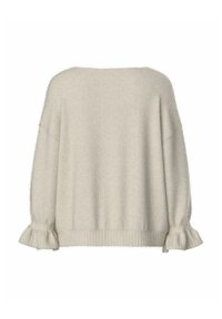 Jasno beżowy, oversize sweter z pulowerem, wykonany z miękkiego, puszystego materiału. Posiada ściągacze z falbaniastymi brzegami i szeroką linię dekoltu.