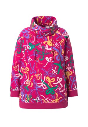 Pink hooded sweatshirt made of soft fabric, adorned with colorful abstract bow patterns in green, yellow, purple, and white.