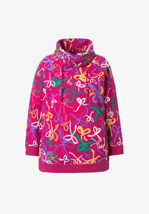 Vaaleanpunainen huppari, joka on valmistettu pehmeästä kankaasta ja jonka koristeena on värikkäitä abstrakteja nauhakuvioita vihreänä, keltaisena, purppurana ja valkoisena.