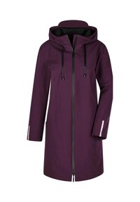 Paarse regenjas met capuchon, zwarte rits, verstelbare trekkoorden en reflecterende accenten op de mouwen. Gemaakt van waterdicht materiaal.