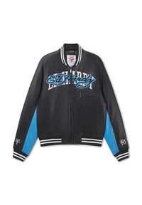 Black leather Ed Hardy jacket with blue sleeve panels, white striped collar and cuffs, front zipper, chest pocket, and embroidered text and symbols.