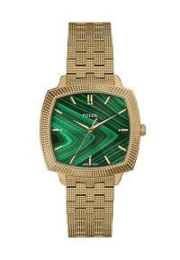 Montre en quartz dorée avec un boîtier carré, un cadran à motif en malachite verte et un bracelet en maille dorée texturée, avec des index et des aiguilles dorés.