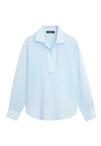Chemise bleu clair à manches longues avec col et patte de boutonnage avant ouverte, avec larges poignets et ourlet arrondi.
