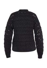 Maglione nero lavorato a maglia con motivi a trame aperte e texture, maniche e orlo a coste. Il design comprende righe orizzontali e diversi tipi di punto.