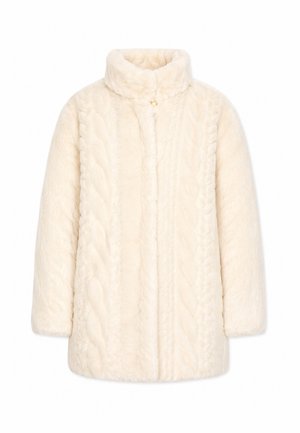 Cappotto in ecopelliccia color crema con maniche lunghe, collo alto e sottili dettagli con trama intrecciata sul davanti e sui lati.