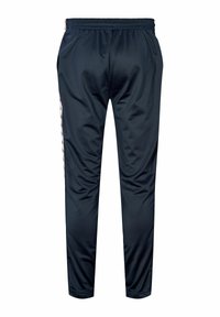 Marine sportieve broek met een taps toelopende pasvorm, elastische tailleband en zijkant met een logopatroon in contrasterende kleuren. Soepele, lichte stof.